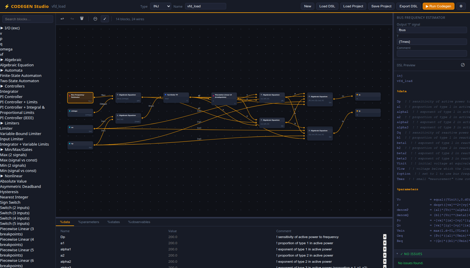 The CODEGEN Studio editor after pressing the check button on the canvas toolbar. The Issues panel at the foot of the right sidebar is expanded and reads NO ISSUES, no issues found, for the loaded vfd_load injector.