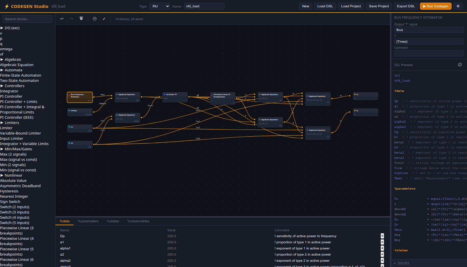 The CODEGEN Studio editor with a bus frequency estimator block selected on the canvas. The right panel's inspector is headed BUS FREQUENCY ESTIMATOR and holds an editable output signal field set to fbus, an argument field holding the data reference for the measurement time constant, and a comment field, above the live DSL preview.