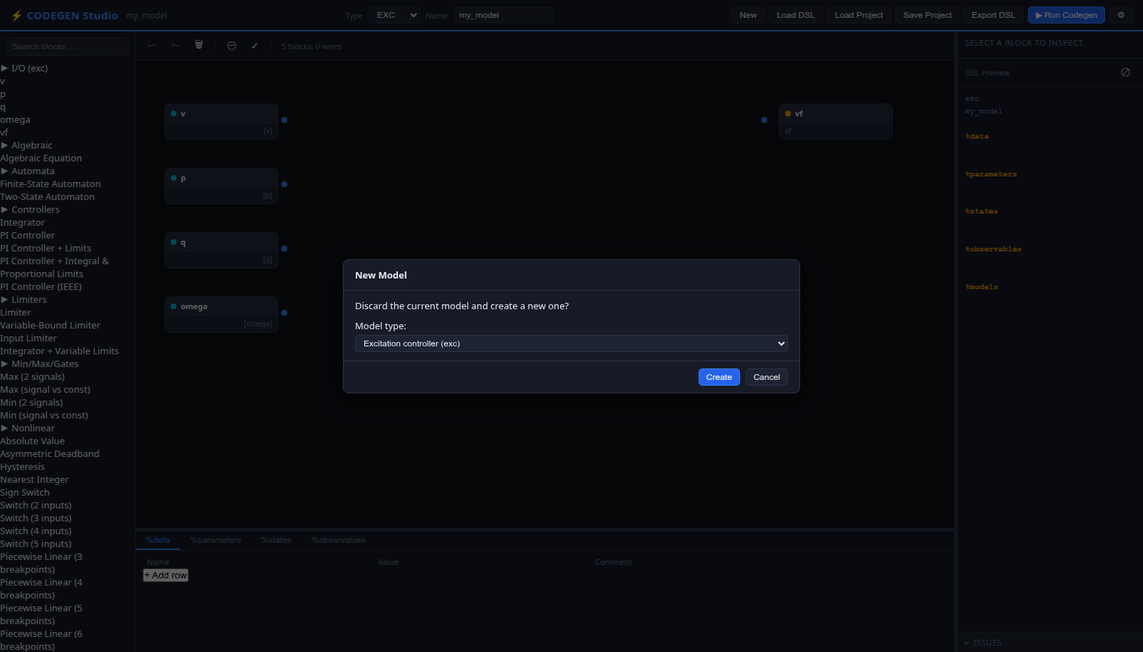 The New Model dialog over the editor. It asks whether to discard the current model and create a new one, and offers a Model type drop-down set to Excitation controller (exc), with Create and Cancel buttons.