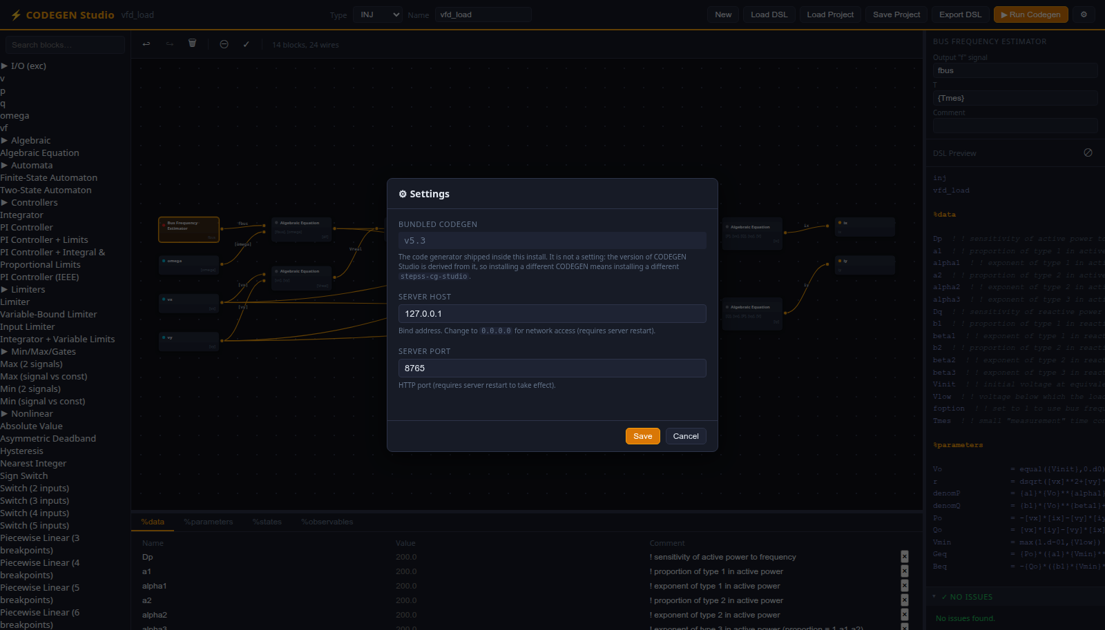 The Settings dialog over the editor, with three rows: Bundled CODEGEN showing v5.2.0 as flat monospace text rather than an editable field, server host set to 127.0.0.1, and server port set to 8765. Each carries a line of help text, and Save and Cancel buttons sit at the foot.