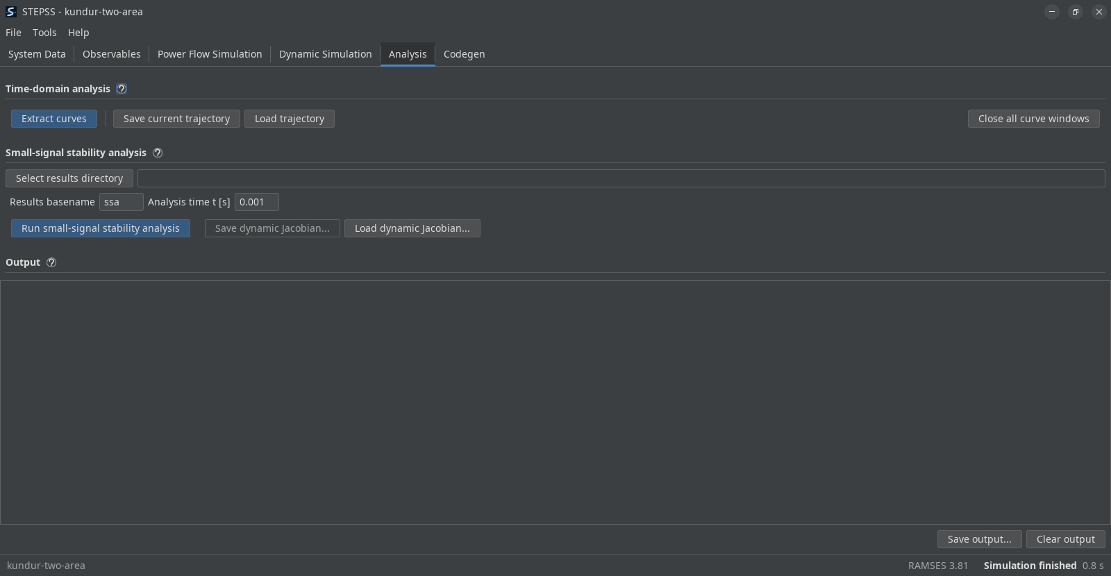 The Analysis tab with a completed run available. A Time-domain analysis row offers Extract curves, Save current trajectory and Load trajectory, with Close all curve windows at the right. Below it a Small-signal stability analysis section offers Select results directory beside an empty field, a basename of ssa and an analysis time of 0.001 seconds, with buttons to run the analysis and to save or load the dynamic Jacobian. An Output console fills the rest of the tab, with Save output and Clear output beneath it.