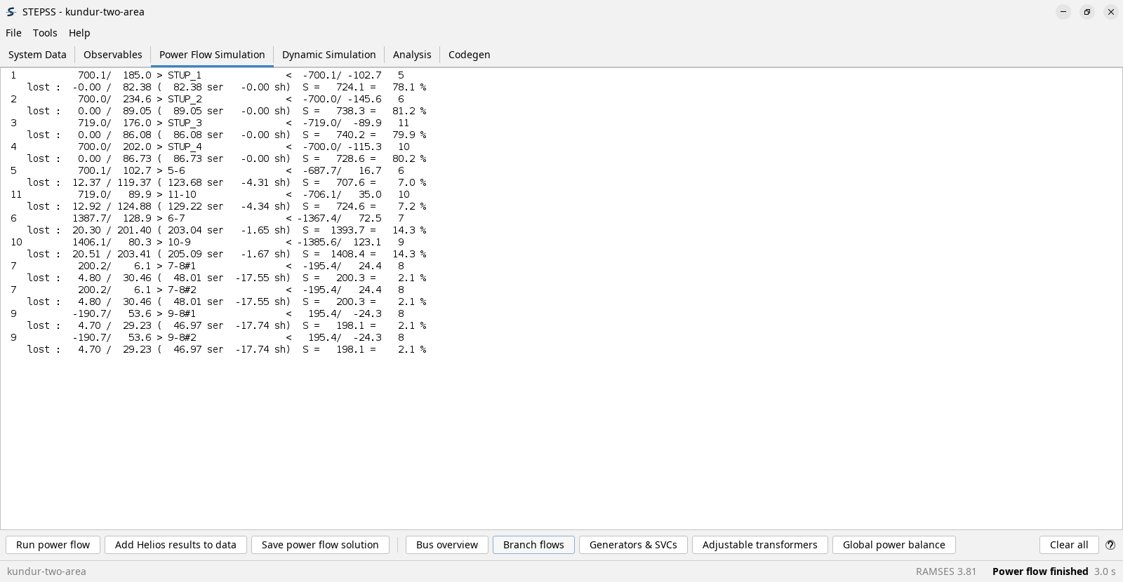 The Power Flow Simulation pane showing branch flows for the Kundur case. Each branch is a pair of lines carrying P and Q at each end, the bus at that end, and a loss line giving the series and shunt losses and the loading as a percentage of rated MVA.