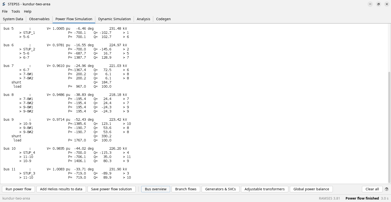 The Power Flow Simulation pane showing the bus overview for the Kundur case. Each bus is a block giving its voltage in per unit, its angle in degrees and its voltage in kilovolts, followed by one indented line per branch, shunt and load at that bus with the P and Q flowing into it and the bus at the other end.