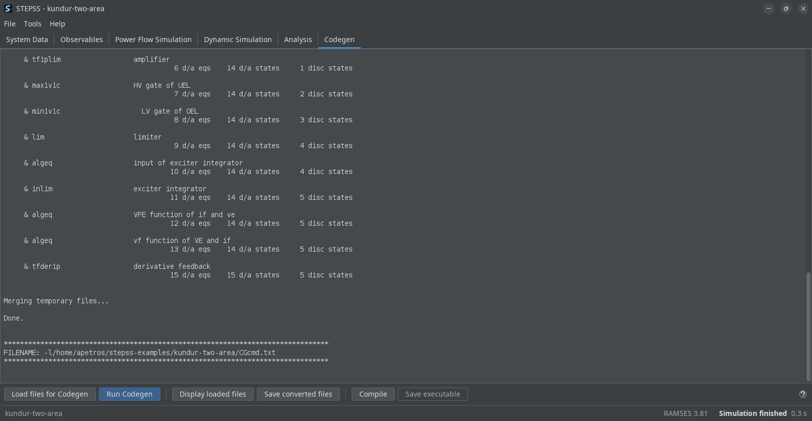 The Codegen tab after running CODEGEN on an IEEE AC1A exciter description. The pane logs each translated block in turn, an LV gate, a limiter, algebraic equations, the exciter integrator and a derivative feedback, each with its running count of differential-algebraic equations, states and discrete states, then reports merging the temporary files and Done. Save converted files and Compile are now enabled.