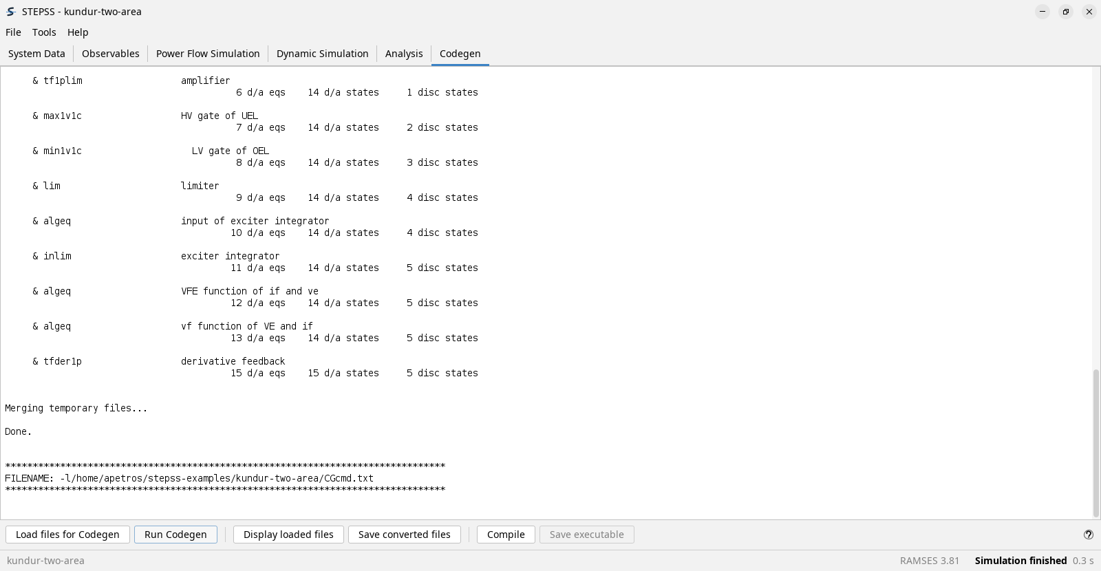 The Codegen tab after running CODEGEN on an IEEE AC1A exciter description. The pane logs each translated block in turn, an LV gate, a limiter, algebraic equations, the exciter integrator and a derivative feedback, each with its running count of differential-algebraic equations, states and discrete states, then reports merging the temporary files and Done. Save converted files and Compile are now enabled.