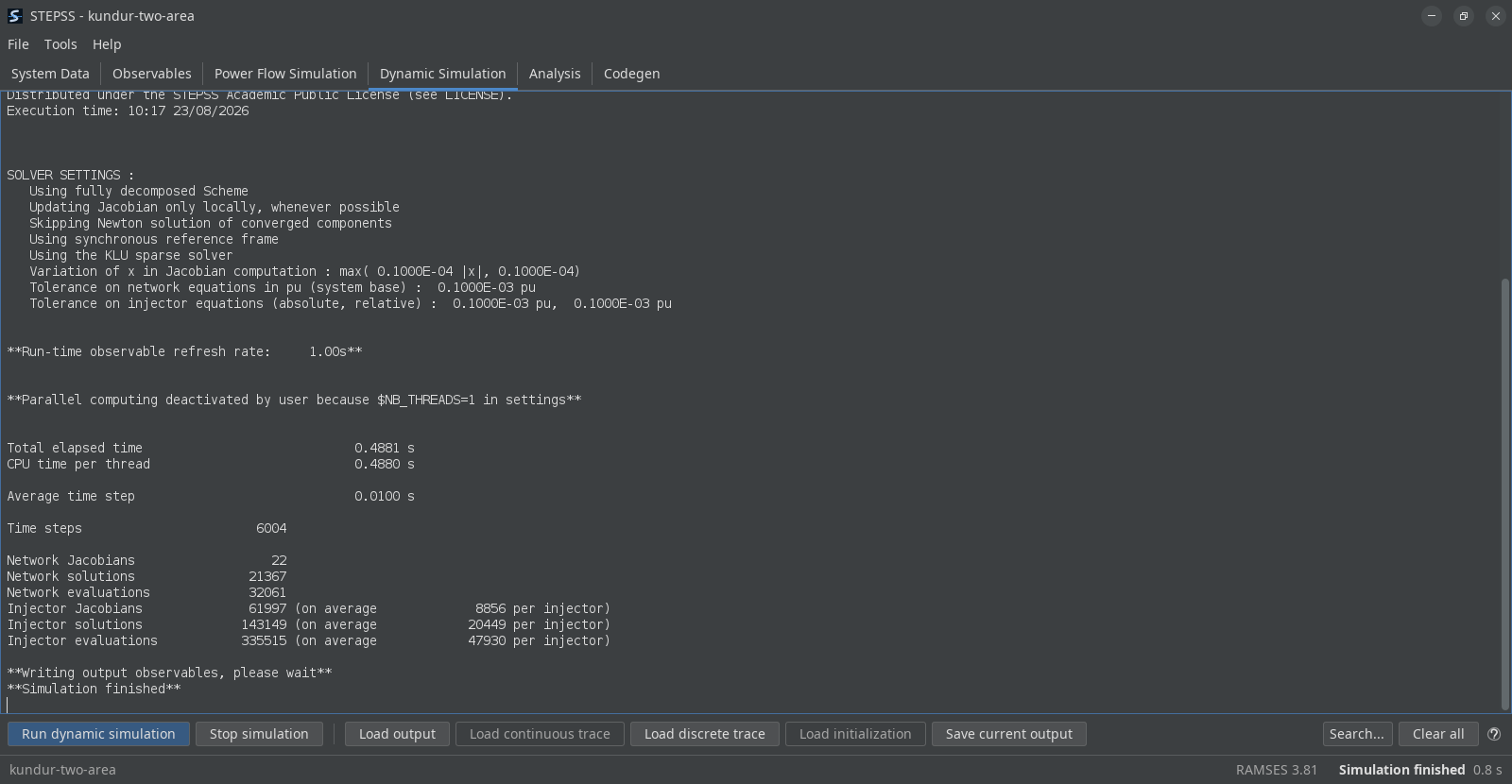 The Dynamic Simulation tab after a completed run. The pane lists the solver settings in force, the synchronous reference frame and the KLU sparse solver among them, notes that parallel computing is deactivated because the case sets one thread, then reports about half a second of elapsed time over 6004 time steps at an average step of 0.01 seconds, with Jacobian, solution and evaluation counts for the network and the injectors, ending in Simulation finished.