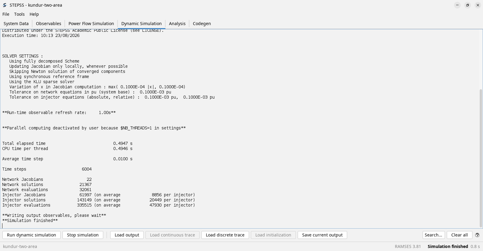The Dynamic Simulation tab after a completed run. The pane lists the solver settings in force, the synchronous reference frame and the KLU sparse solver among them, notes that parallel computing is deactivated because the case sets one thread, then reports about half a second of elapsed time over 6004 time steps at an average step of 0.01 seconds, with Jacobian, solution and evaluation counts for the network and the injectors, ending in Simulation finished.