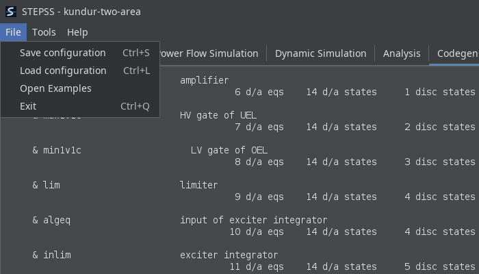 The File menu open, holding Save configuration with Ctrl+S, Load configuration with Ctrl+L, Open Examples, and Exit with Ctrl+Q.