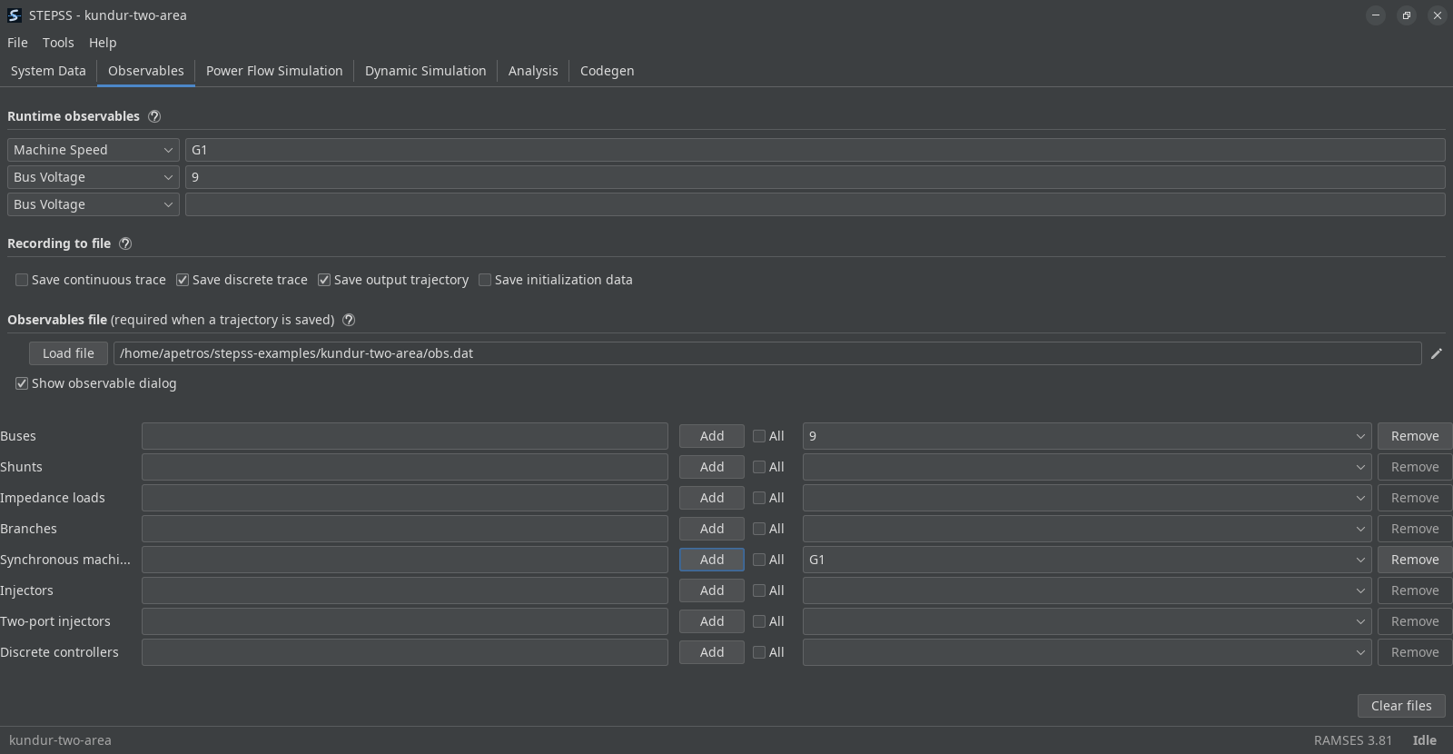 The Observables tab with Show observable dialog ticked. Eight rows appear below it, one each for buses, shunts, impedance loads, branches, synchronous machines, injectors, two-port injectors and discrete controllers. Every row has a name field, an Add button, an All tick, a drop-down of what has been chosen and a Remove button. Bus 9 has been added on the Buses row and machine G1 on the synchronous machines row.