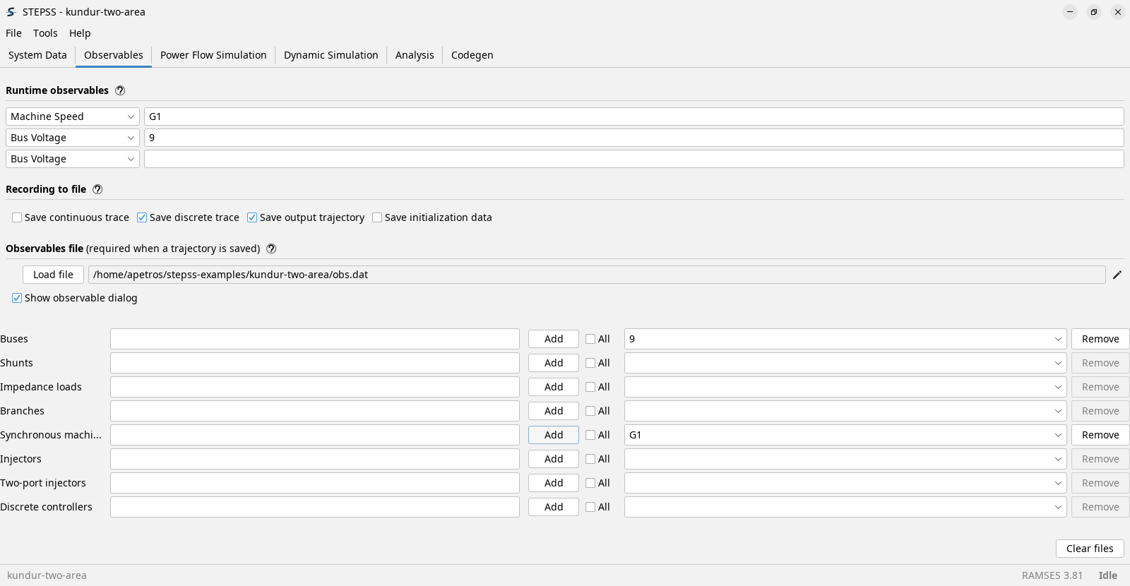 The Observables tab with Show observable dialog ticked. Eight rows appear below it, one each for buses, shunts, impedance loads, branches, synchronous machines, injectors, two-port injectors and discrete controllers. Every row has a name field, an Add button, an All tick, a drop-down of what has been chosen and a Remove button. Bus 9 has been added on the Buses row and machine G1 on the synchronous machines row.