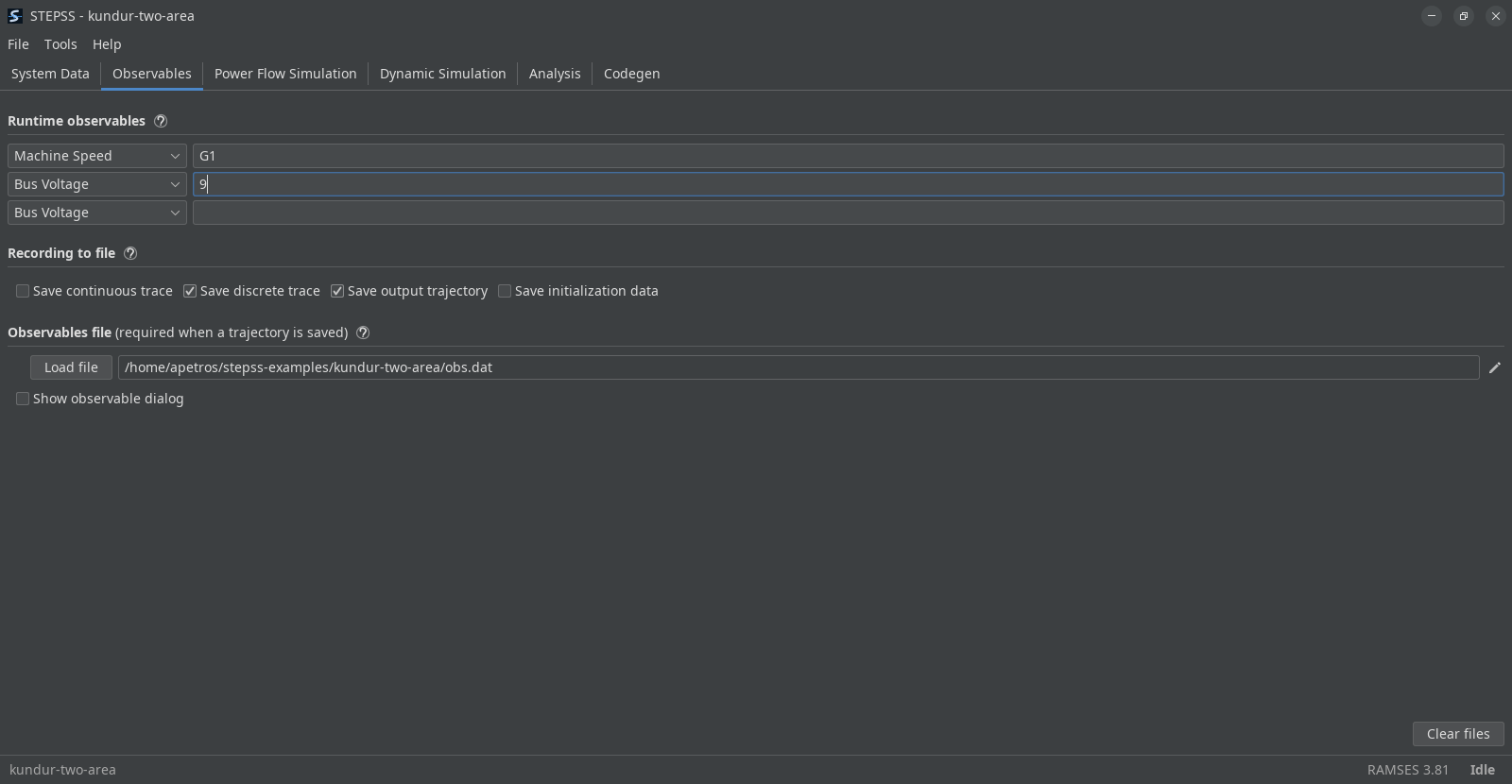 The Observables tab. Runtime observables are set to machine speed of G1 and the voltage of bus 9. Below, Save discrete trace and Save output trajectory are checked, and the observables file obs.dat is loaded.