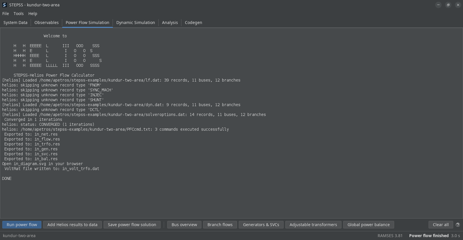 The Power Flow Simulation tab after a successful run on the Kundur case. The pane shows the Helios log: three data files loaded, status CONVERGED in one iteration, and six result files exported. The inspection buttons below, Bus overview, Branch flows, Generators and SVCs, Adjustable transformers and Global power balance, are enabled, and the status bar reads Power flow finished, 3.0 s.