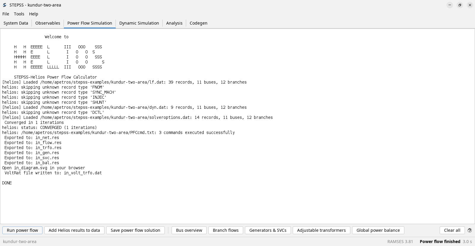 The Power Flow Simulation tab after a successful run on the Kundur case. The pane shows the Helios log: three data files loaded, status CONVERGED in one iteration, and six result files exported. The inspection buttons below, Bus overview, Branch flows, Generators and SVCs, Adjustable transformers and Global power balance, are enabled, and the status bar reads Power flow finished, 3.0 s.