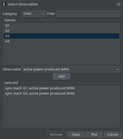 The Select Observables dialog with category SYNC chosen, machines G1 to G4 listed, and two entries queued in the Selected list: active power produced in MW for sync mach G1 and for sync mach G3.