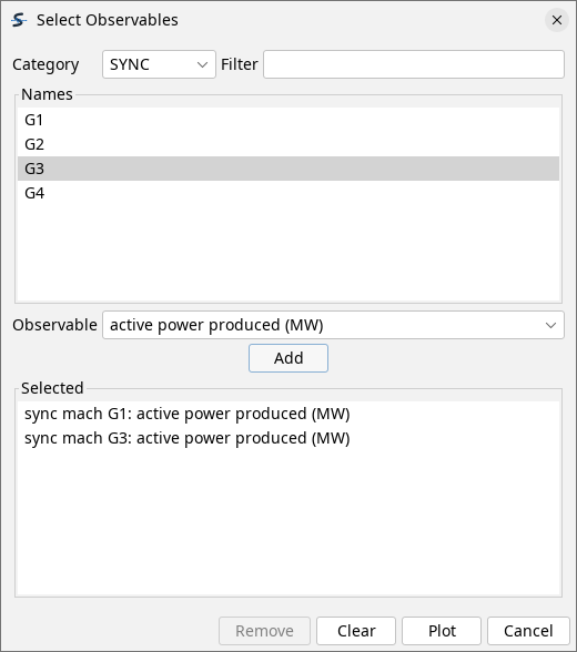 The Select Observables dialog with category SYNC chosen, machines G1 to G4 listed, and two entries queued in the Selected list: active power produced in MW for sync mach G1 and for sync mach G3.