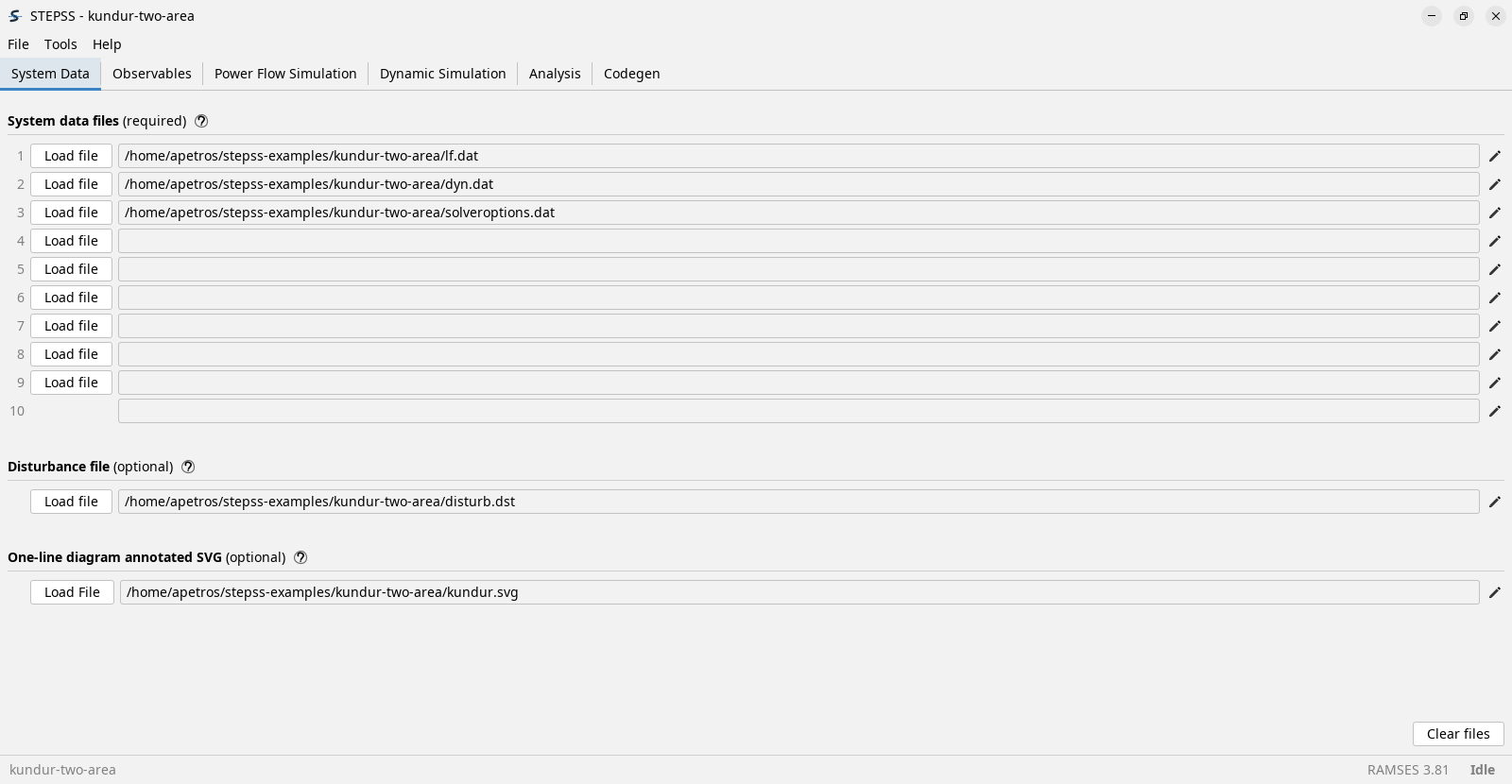 The System Data tab with the Kundur two-area case loaded. Rows one to three hold the load flow, dynamic data and solver options files; rows four to ten are empty. Below them a disturbance file row, marked optional, holds disturb.dst, and a third group, the optional one-line diagram annotated SVG, holds kundur.svg.