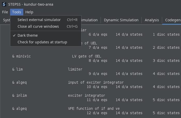 The Tools menu open, holding Select external simulator with Ctrl+R and Close all curve windows with Ctrl+G, then below a separator the Dark theme tick, which is ticked, and Check for updates at startup.