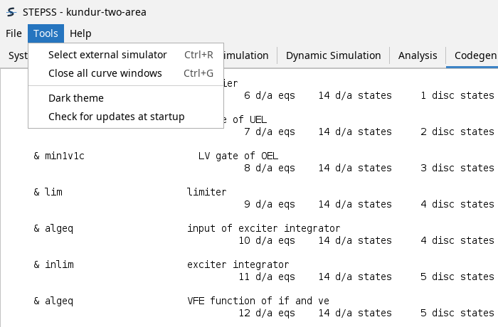 The Tools menu open, holding Select external simulator with Ctrl+R and Close all curve windows with Ctrl+G, then below a separator the Dark theme and Check for updates at startup ticks, both unticked.
